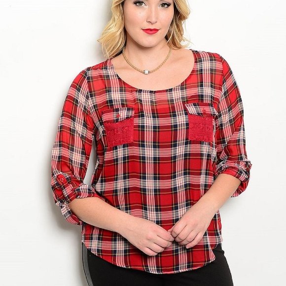 E M TOO Women's Sheer Red Plaid Tunic Top Lace Yoke Scoop Neck Size 2XL  NWT - Picture 2 of 3